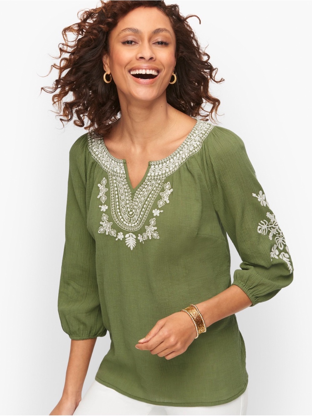 Talbots Olive Green Embroidered Peasant Tunic 100% Cotton Boho Top Festival
